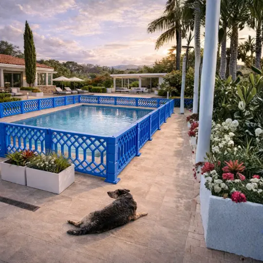 Grade azul Cancelata delimitando área de piscina